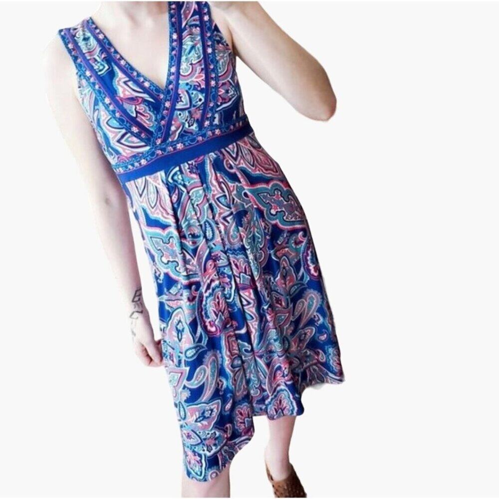 90's International Concepts Paisley V-Neck Dress Women's Size Medium Embellishe